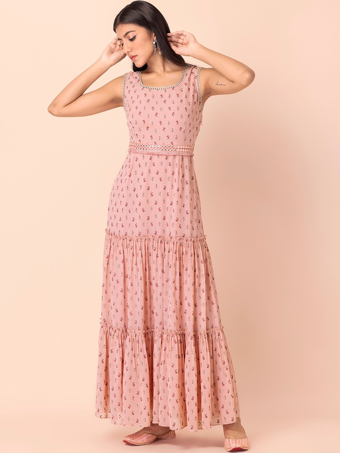 

Rang by Indya Women Peach-Coloured Floral Printed Maxi Kurta with Attached Belt