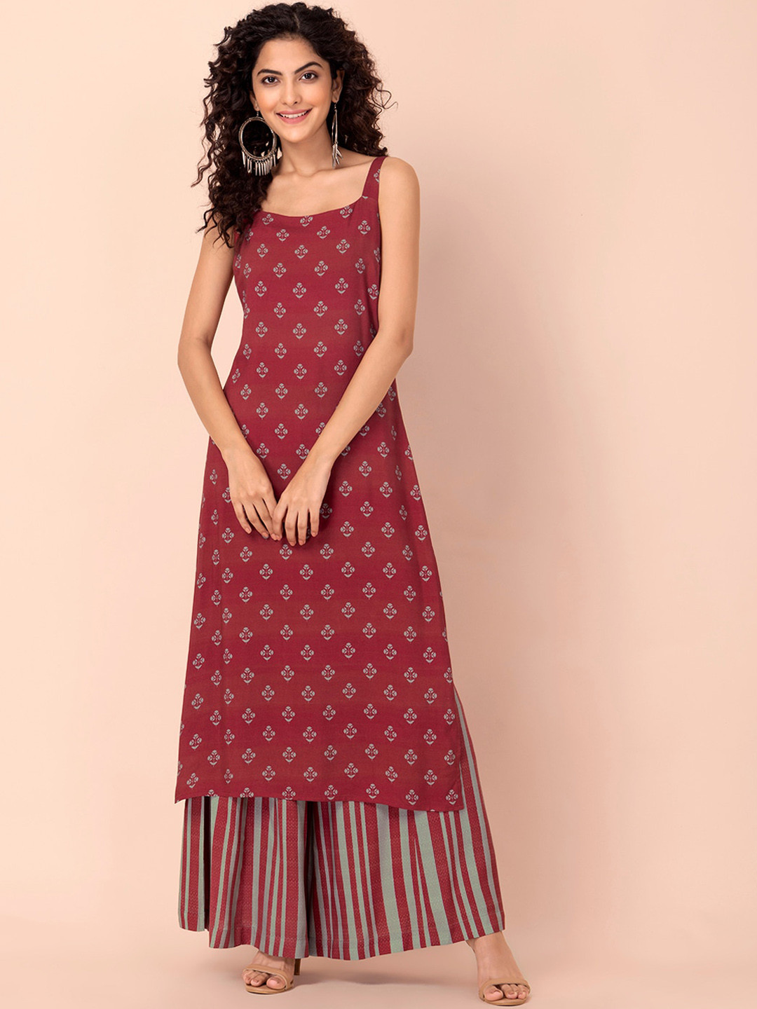 

INDYA Women Maroon Geometric Printed Thread Work Kurta