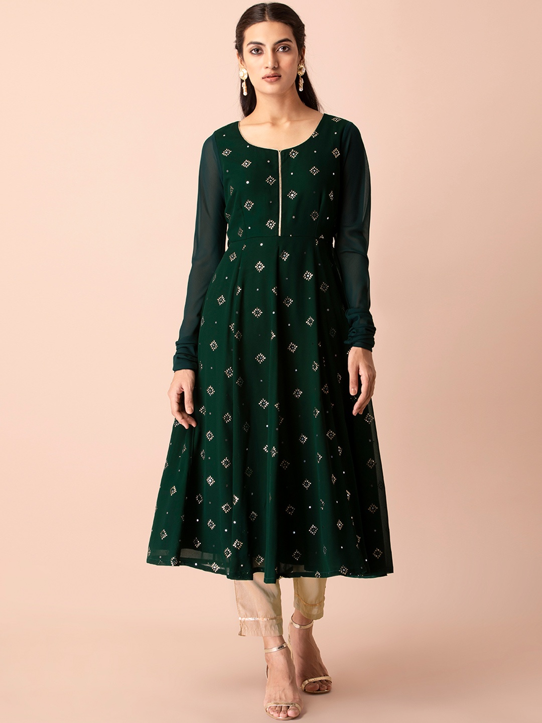 

INDYA Women Green Geometric Georgette Kurta