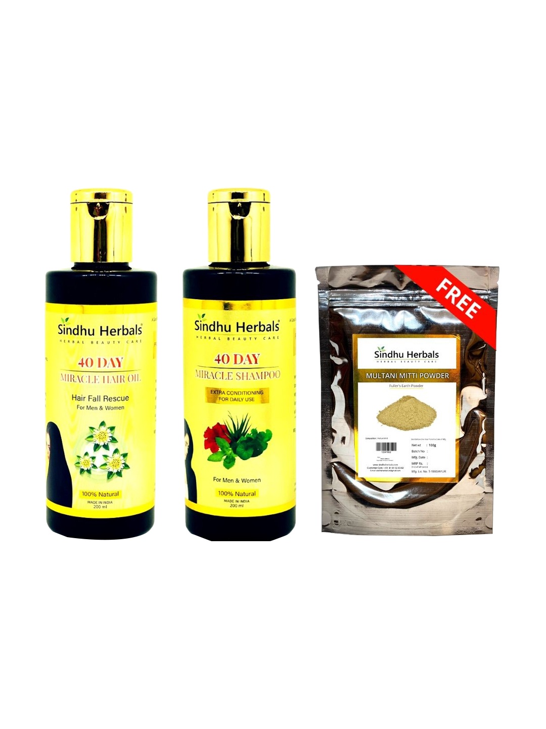 

Sindhu Herbals Set of 40-Day Miracle Hair Oil & Shampoo with Free Multani Mitti Powder, Yellow