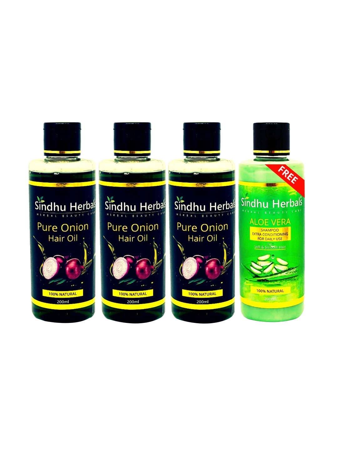 

Sindhu Herbals Set of 3 Pure Onion Hair Oils with Free Aloe Vera Shampoo - 200ml each, Black