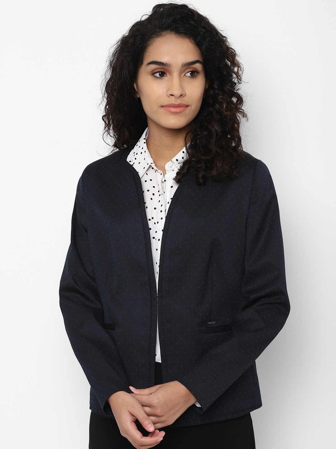 

Allen Solly Woman Women Navy Blue & White Printed Collarless Single-Breasted Formal Blazer