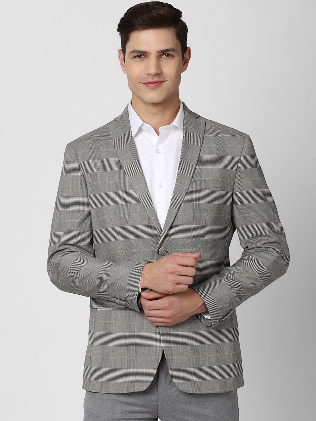 

Peter England Elite Men Grey Checked Slim-Fit Single Breasted Blazer