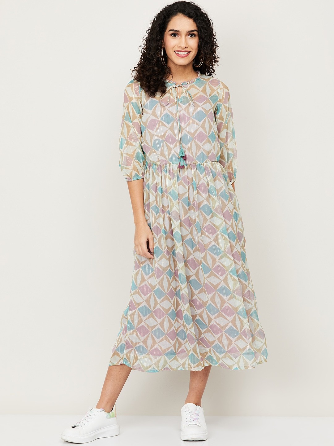 

Colour Me by Melange Women Purple & White Tie-Up Neck Ethnic Midi Dress