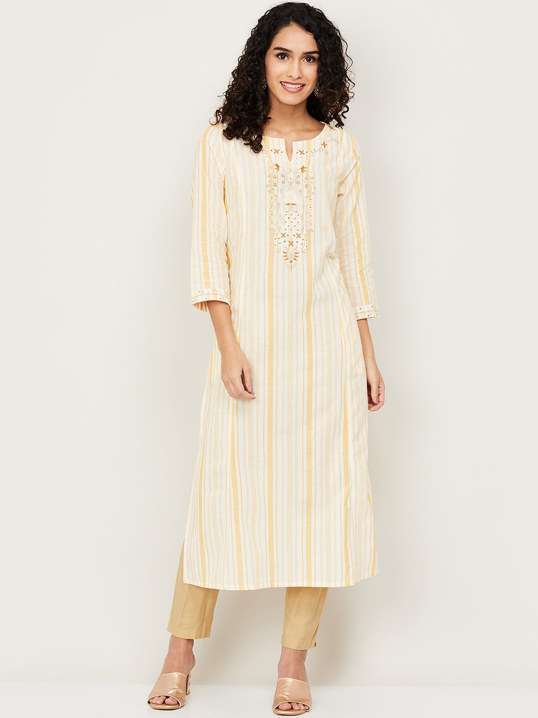 

Melange by Lifestyle Women Yellow Striped Keyhole Neck Thread Work Kurta
