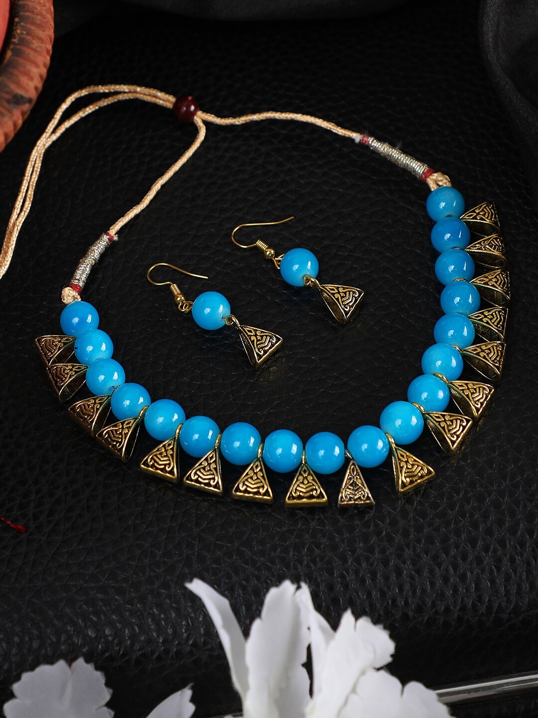 

ANIKAS CREATION Gold-Plated Turquoise Blue Beaded Jewellery Set