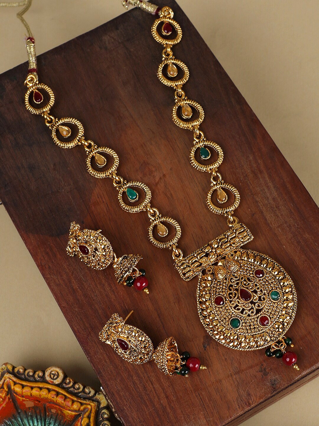 

Rubans 24K Gold-Plated Red & Green CZ-Studded Jewellery Set