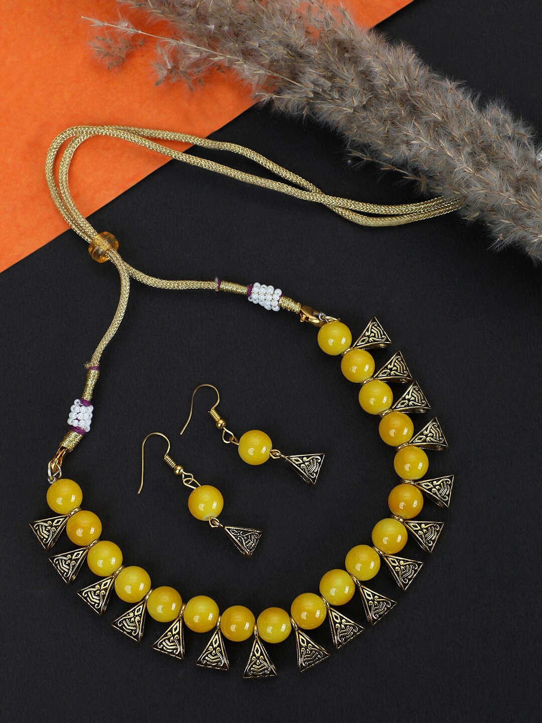 

ANIKAS CREATION Gold-Plated Yellow Beaded Jewellery Set