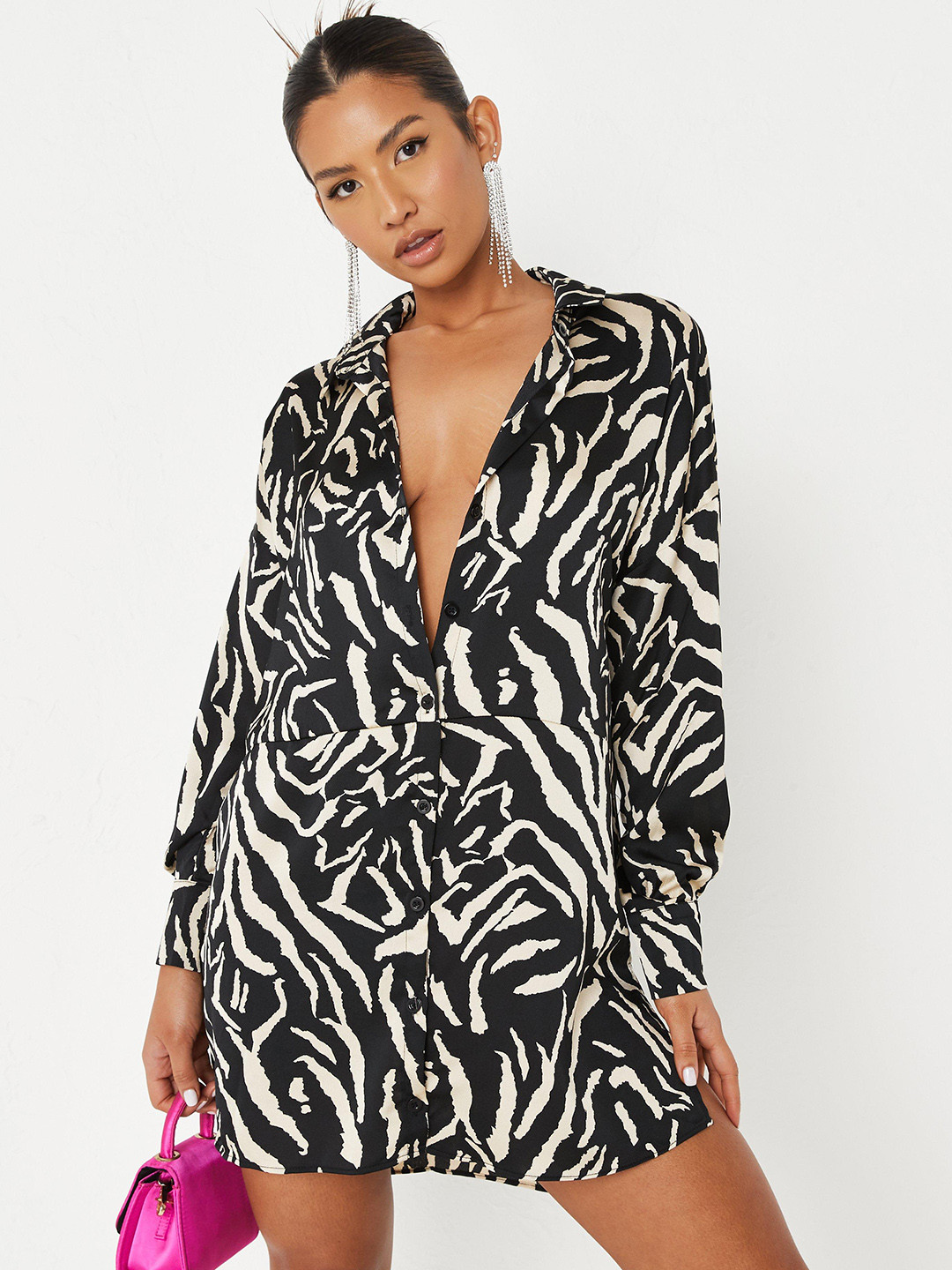 

Missguided Women Beige & Black Zebra Print Shirt Mini Dress