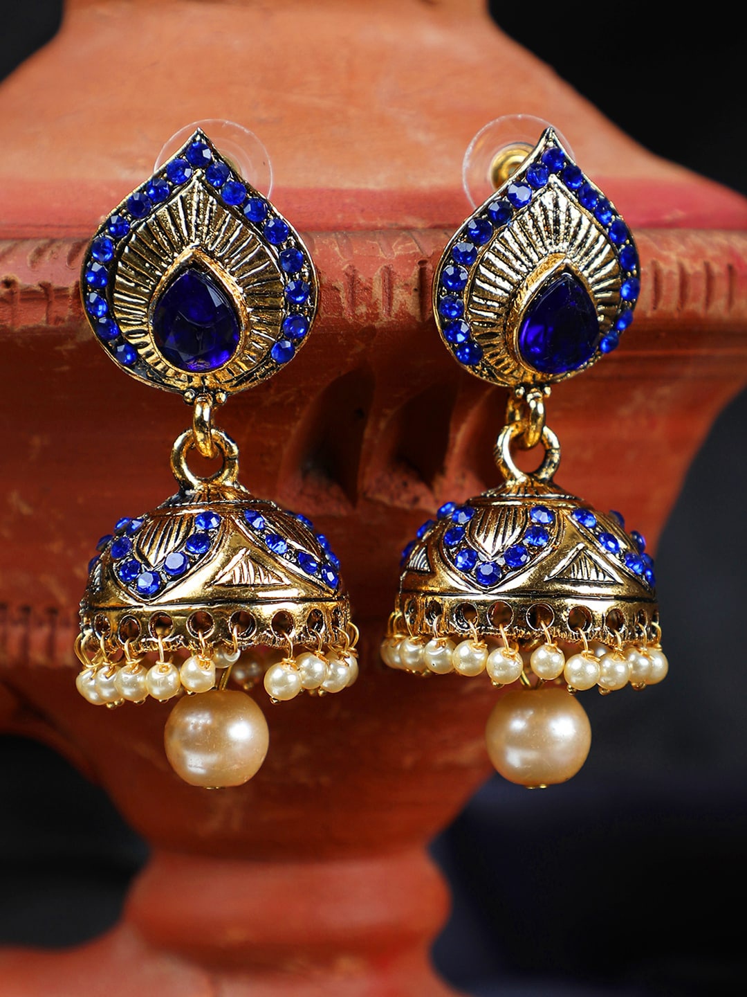 

ANIKAS CREATION Gold Plated Blue Contemporary Jhumkas Earrings