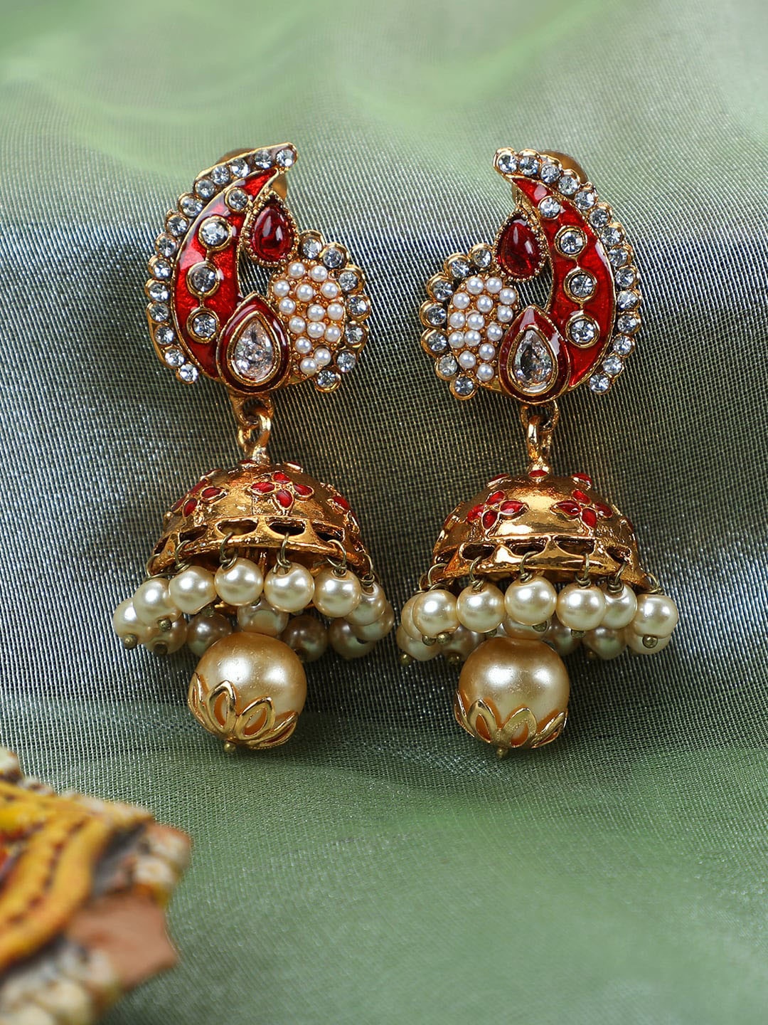 

ANIKAS CREATION Gold-Plated Red Contemporary Jhumkas Earrings