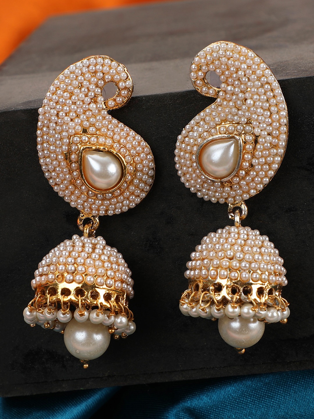 

ANIKAS CREATION Gold Plated White Contemporary Jhumkas Earrings