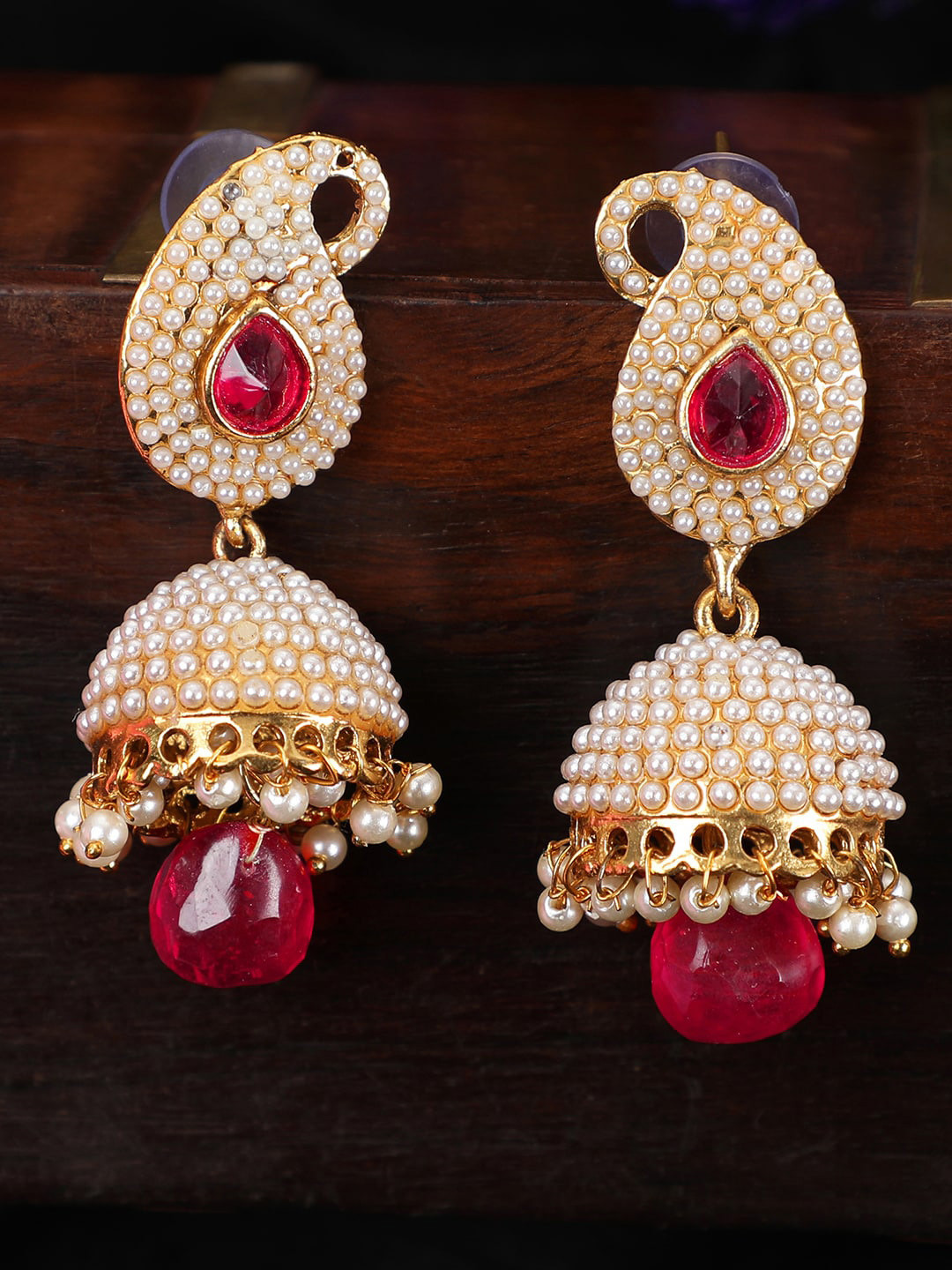 

ANIKAS CREATION Gold Plated Pink Contemporary Jhumkas Earrings
