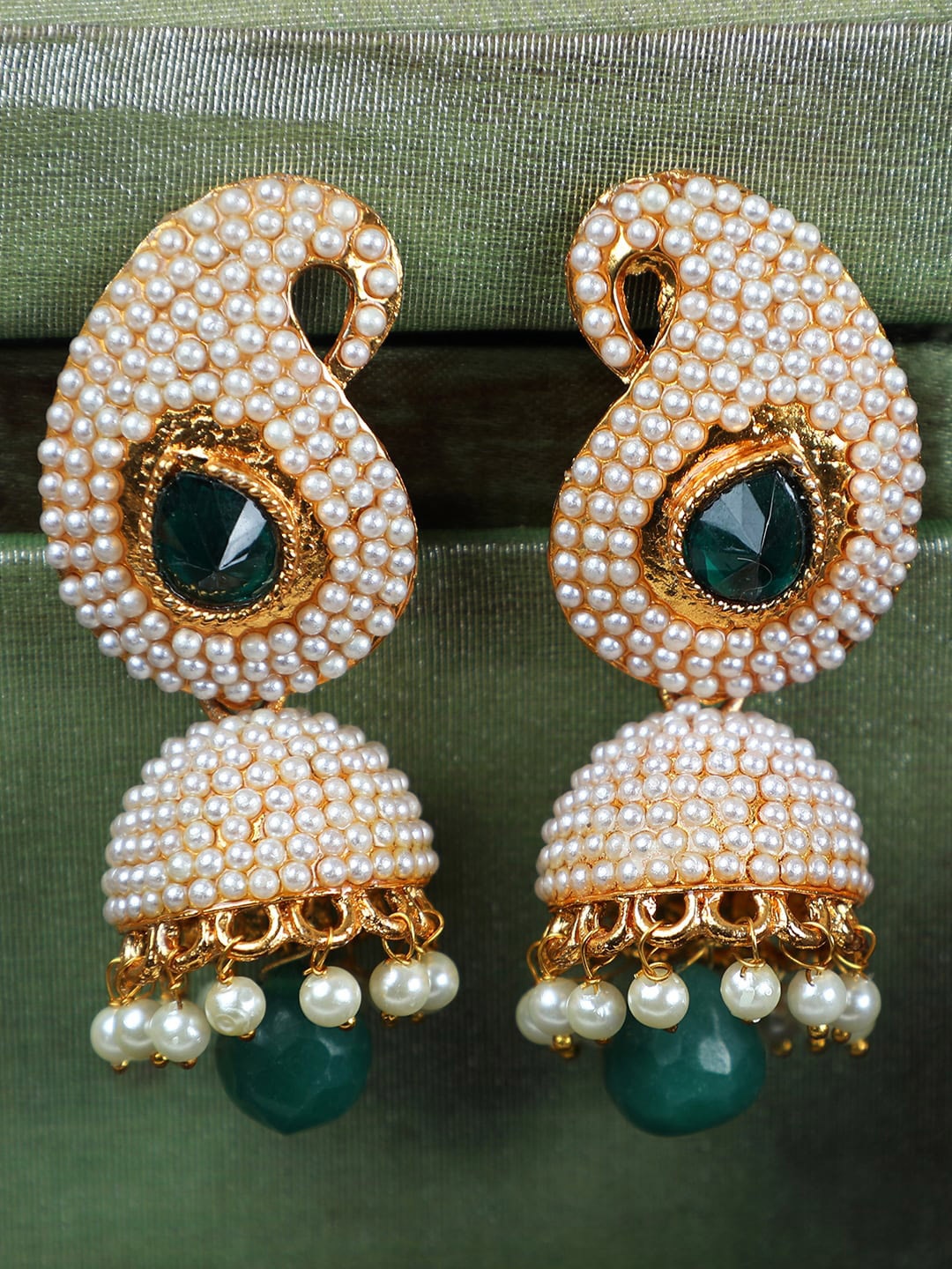 

ANIKAS CREATION Gold Plated Green Contemporary Jhumkas Earrings