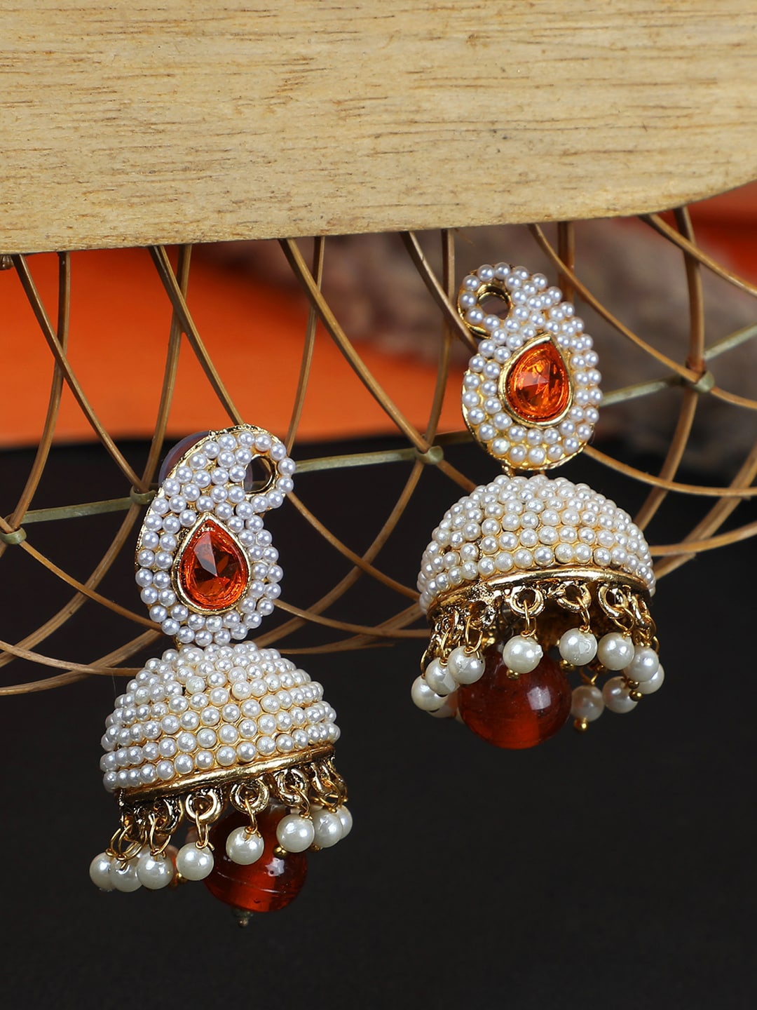 

ANIKAS CREATION Gold Plated Orange Contemporary Jhumkas Earrings