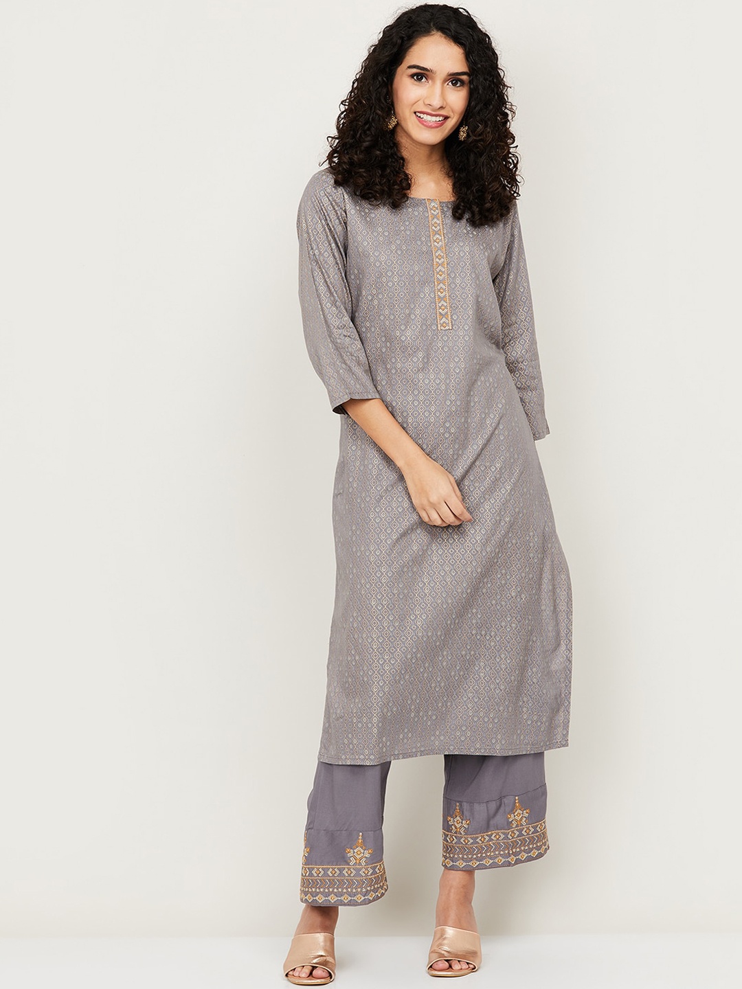 

Melange by Lifestyle Women Grey Embroidered Kurti with Trousers
