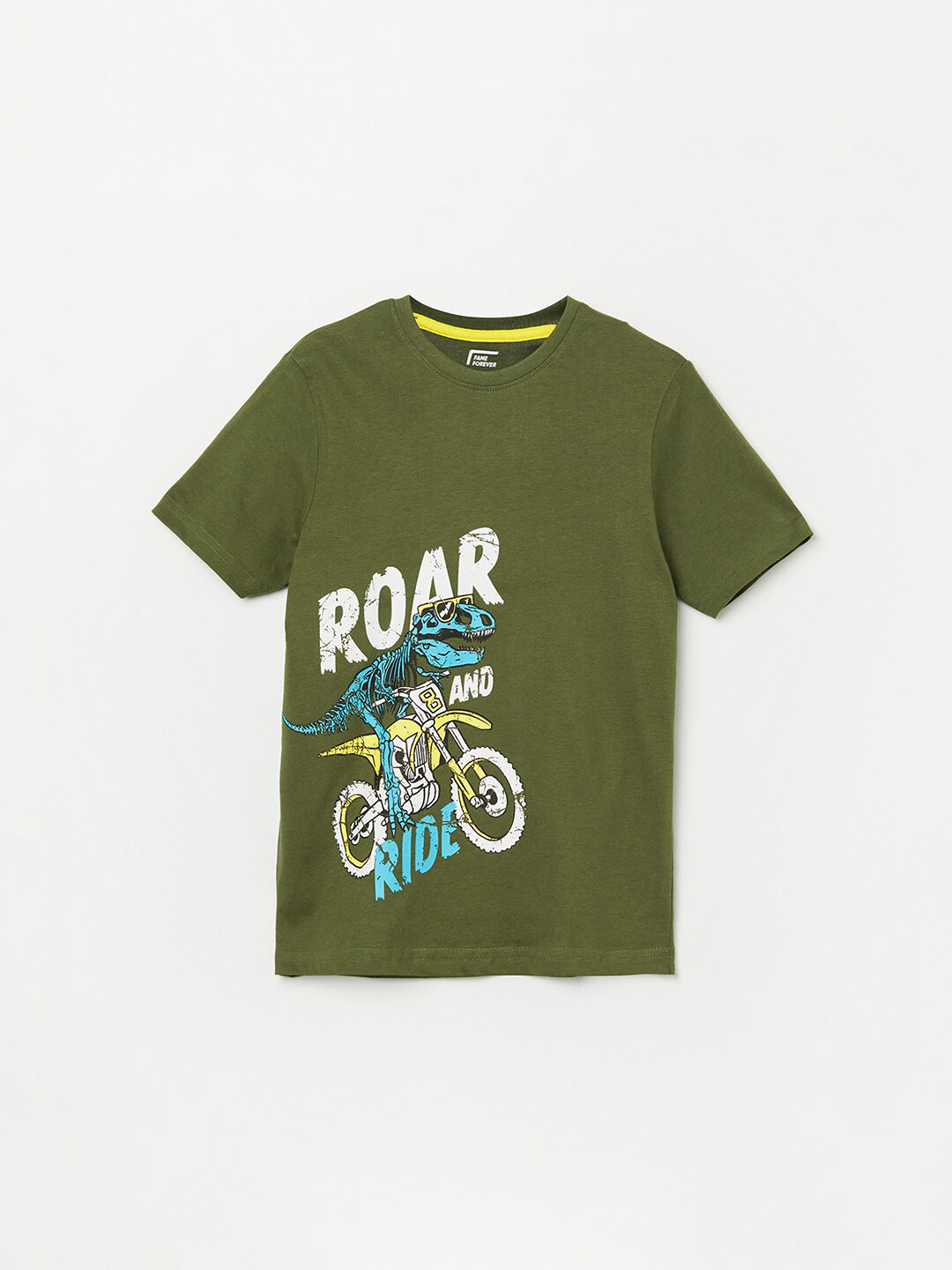 

Fame Forever by Lifestyle Boys Olive Green Typography Printed Pure Cotton T-shirt