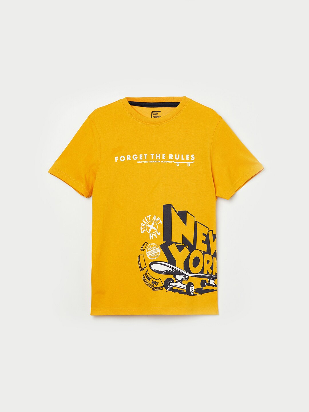 

Fame Forever by Lifestyle Boys Yellow Typography Printed Pure Cotton T-shirt