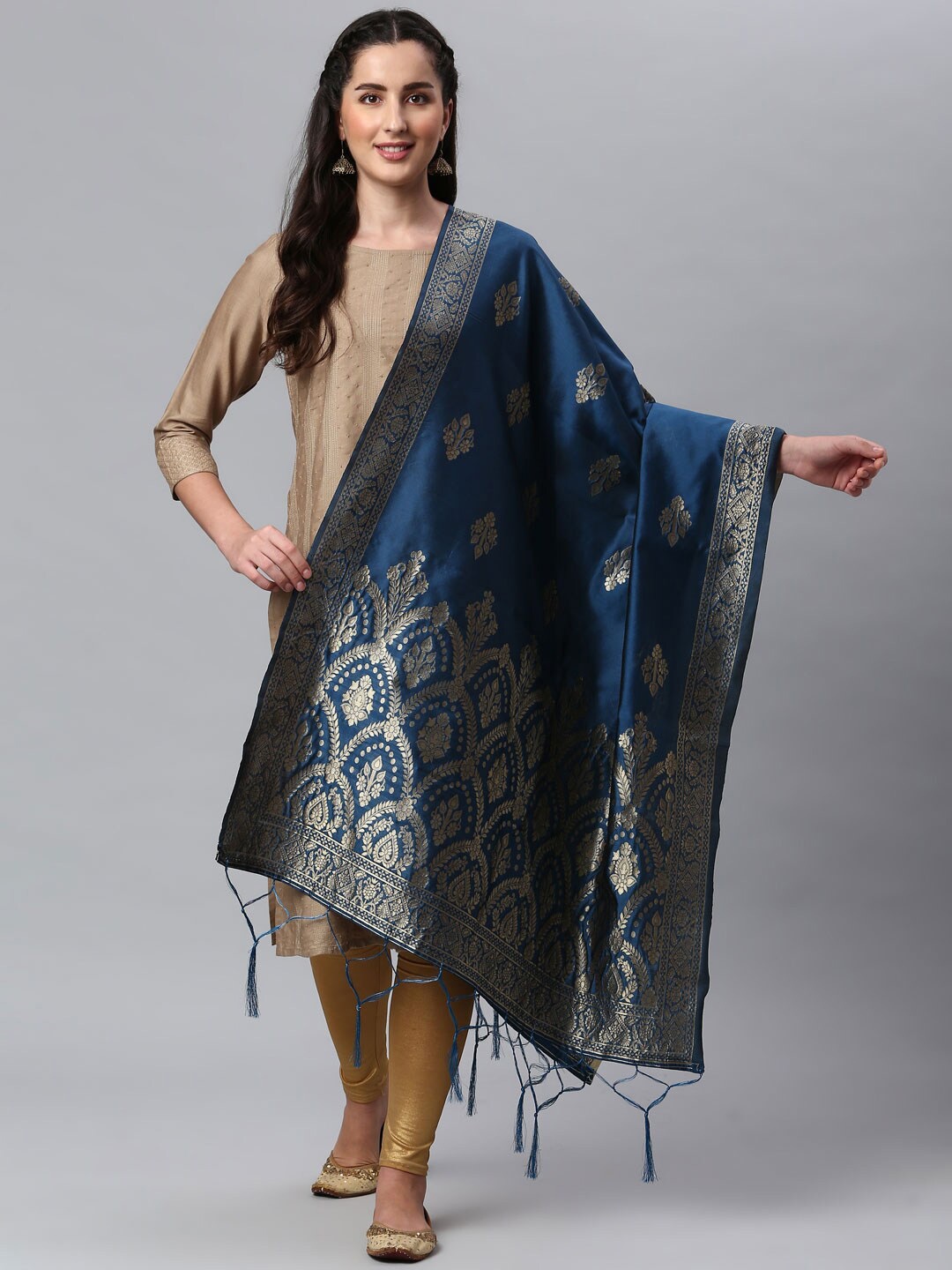 

Lilots Blue & Gold-Toned Ethnic Motifs Woven Design Dupatta with Zari