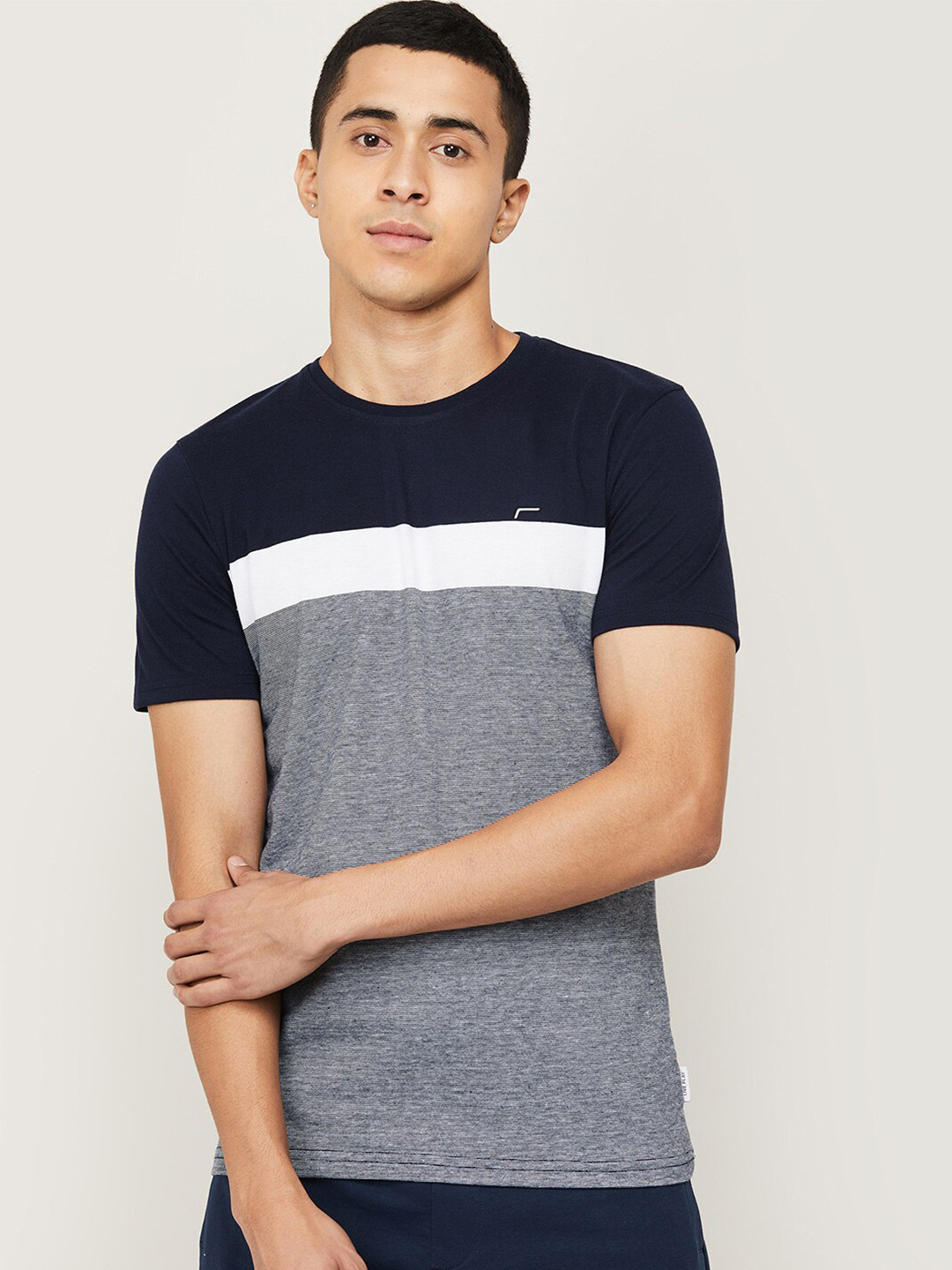 

Fame Forever by Lifestyle Men Navy Blue & White Colourblocked Cotton T-shirt