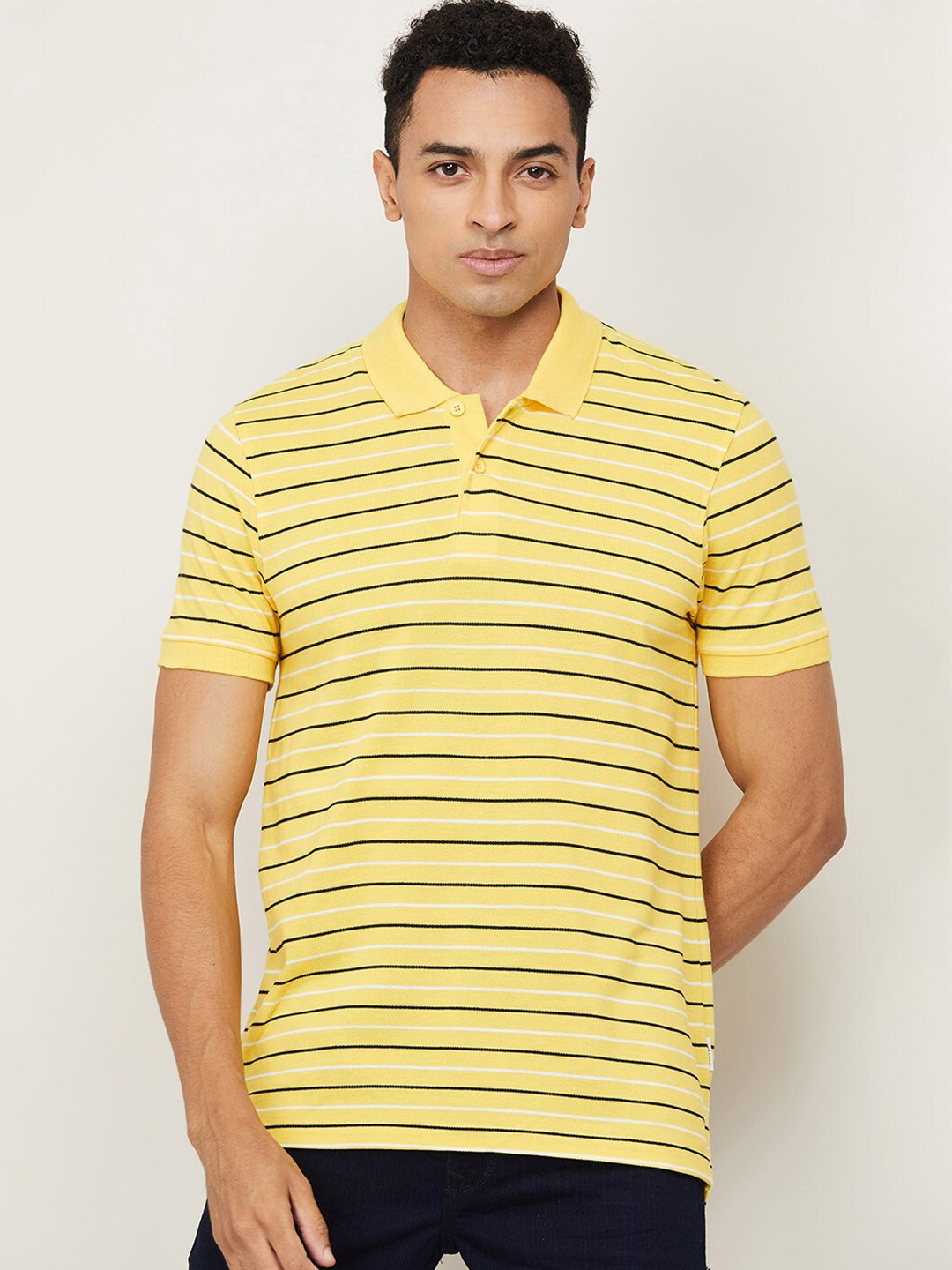 

Fame Forever by Lifestyle Men Yellow Striped Polo Collar Cotton T-shirt