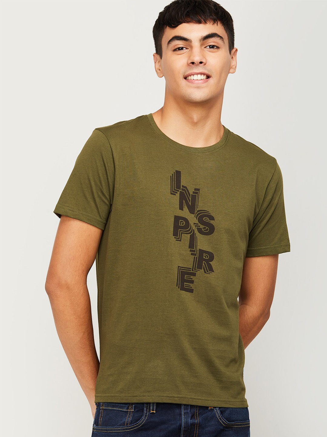 

Fame Forever by Lifestyle Men Olive Green Typography Printed Cotton T-shirt