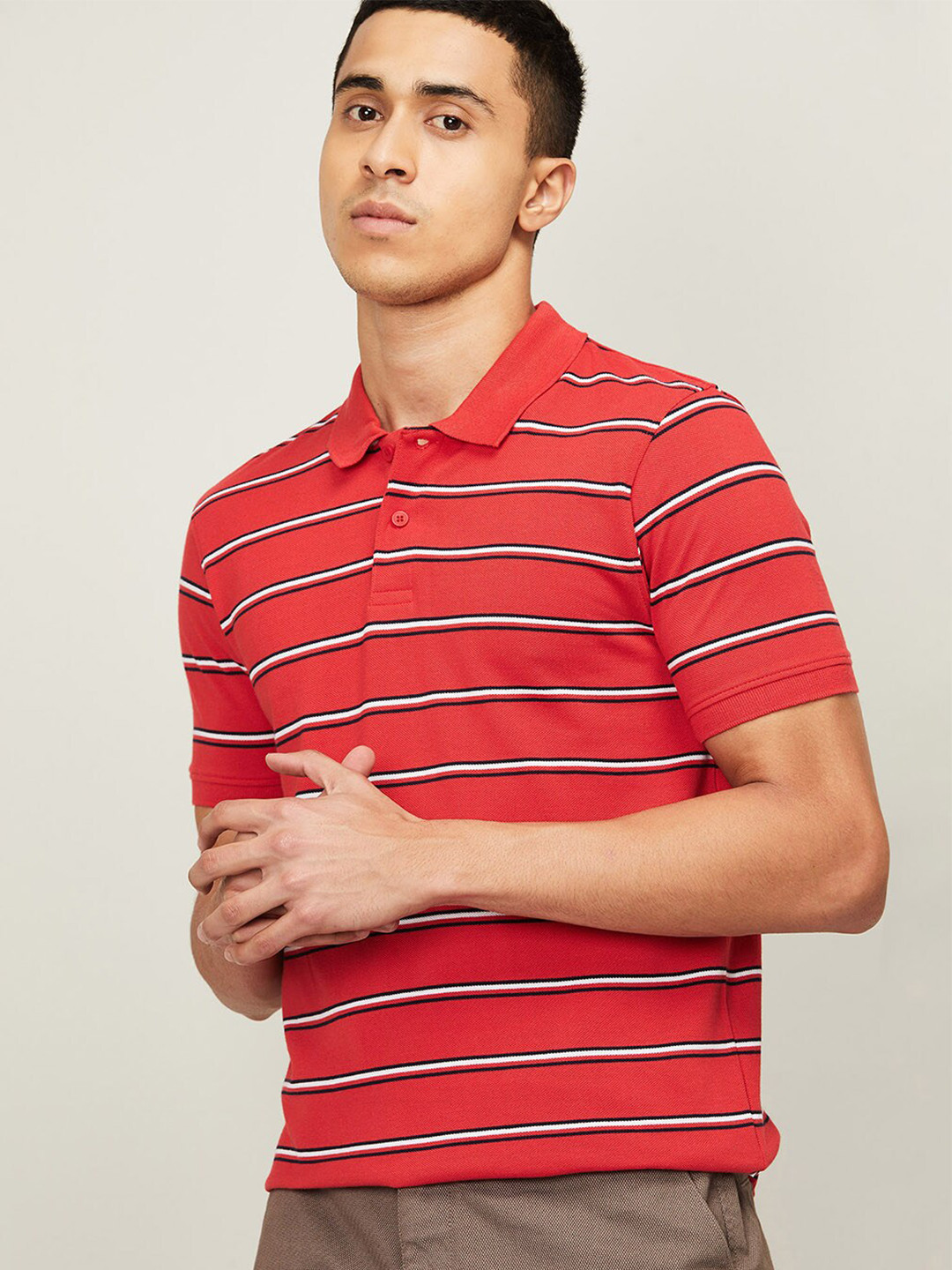 

Fame Forever by Lifestyle Men Red Striped Polo Collar Cotton T-shirt