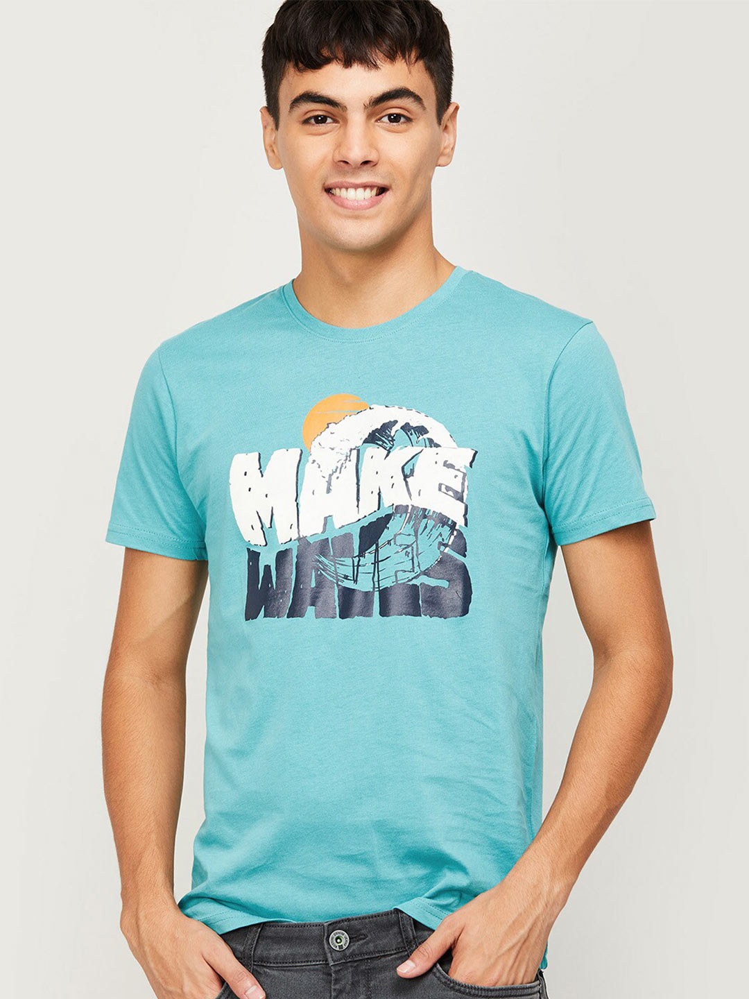 

Fame Forever by Lifestyle Men Turquoise Blue Printed Cotton T-shirt
