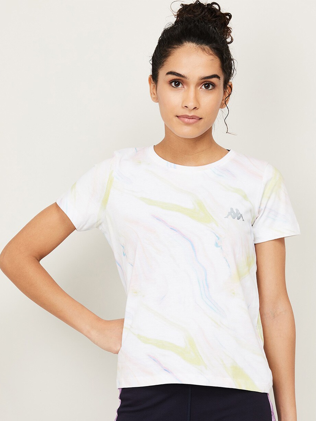 

Kappa Women White & Yellow Printed Cotton T-shirt