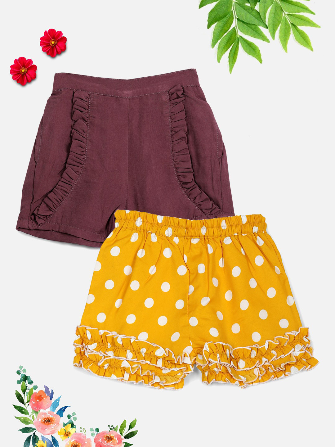 

Cutiekins Girls Burgundy & Yellow Set Of 2 Floral Printed Shorts