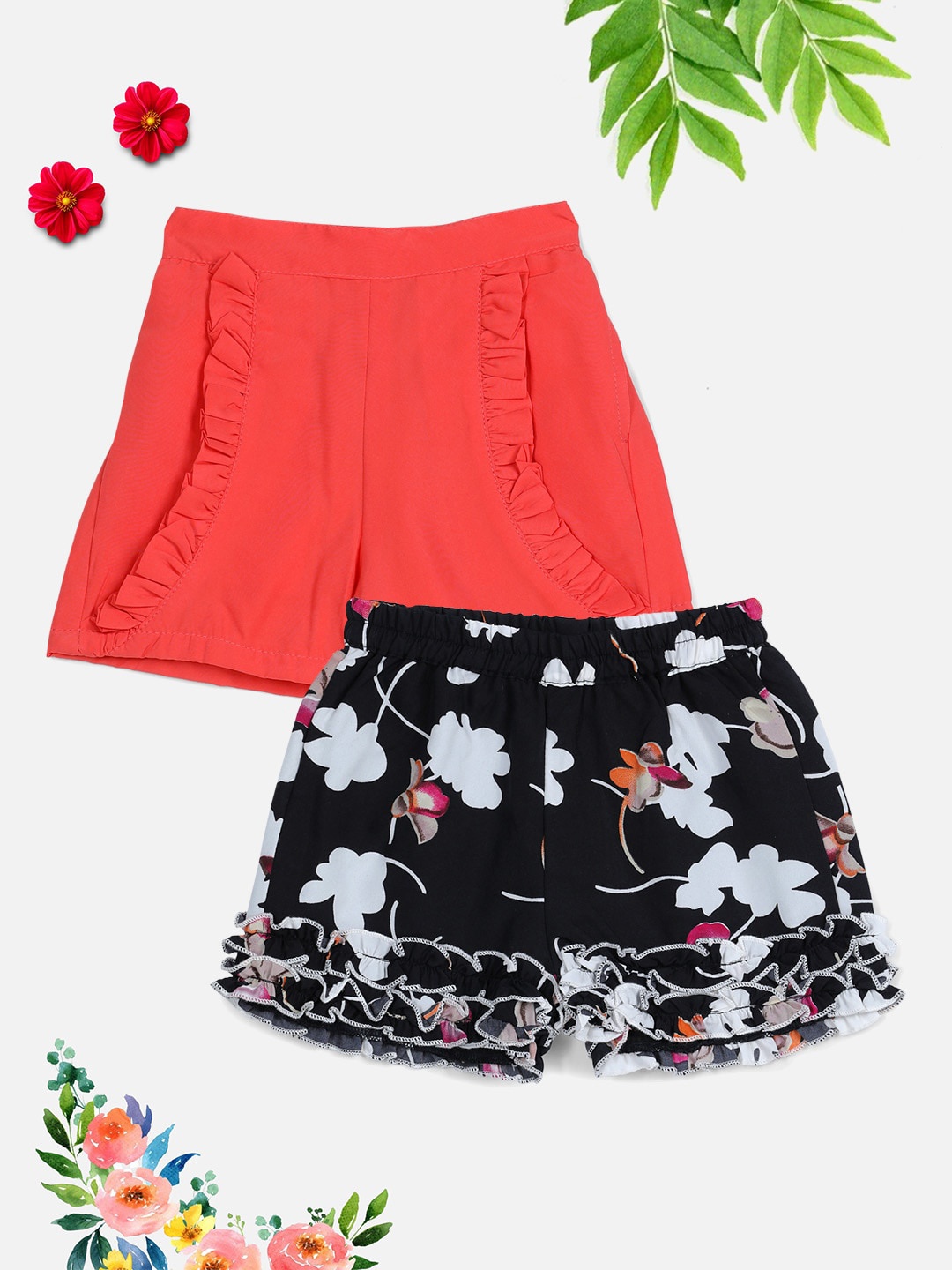 

Cutiekins Girls Peach-Coloured & Black Set Of 2 Floral Printed Shorts
