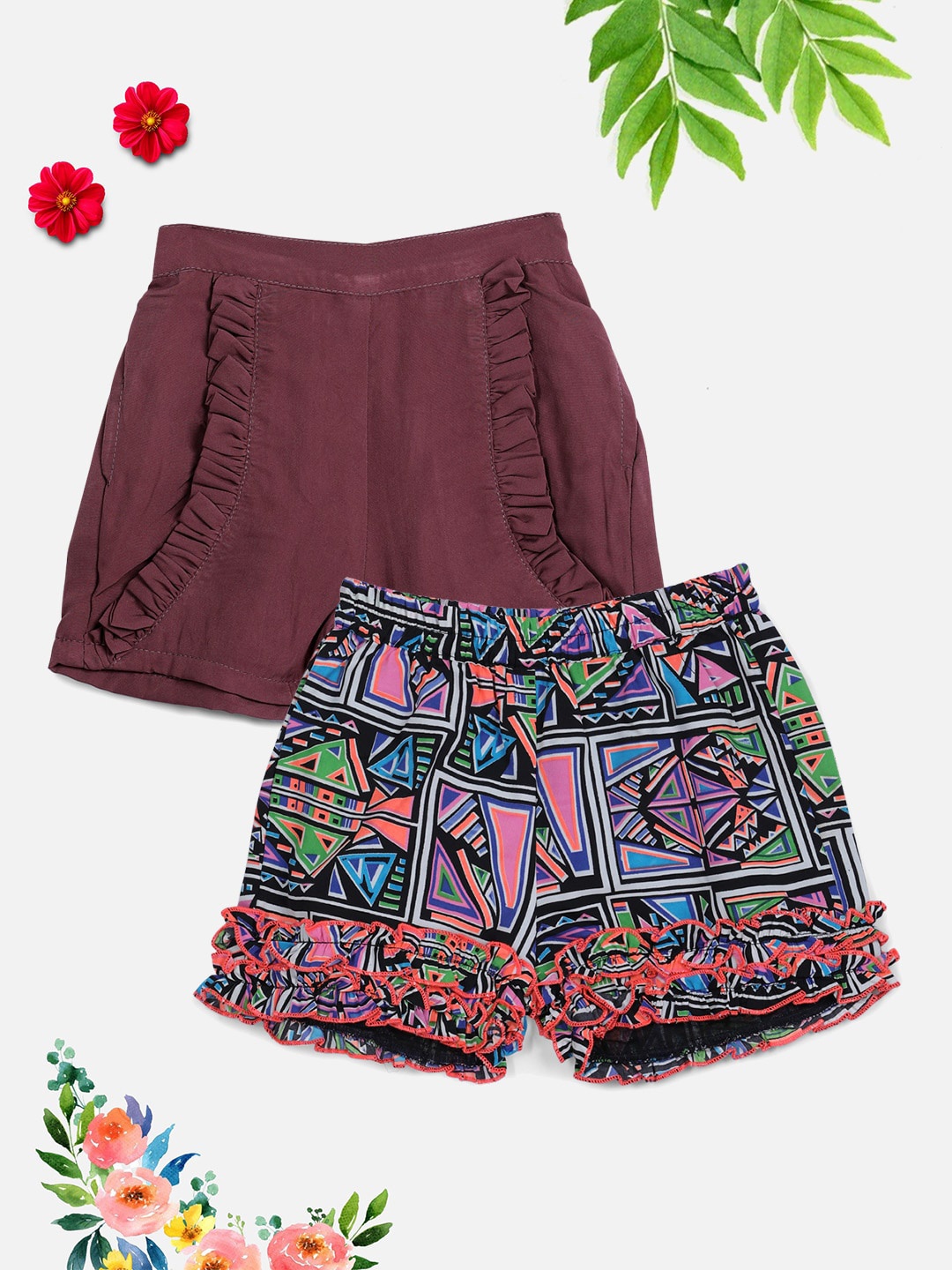

Cutiekins Girls Burgundy Set Of 2 Printed Shorts