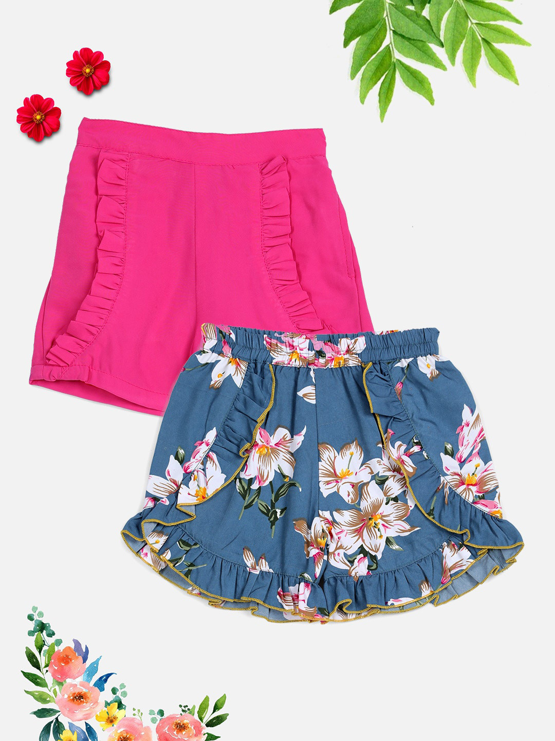 

Cutiekins Girls Pink & Blue Set Of 2 Floral Printed Shorts