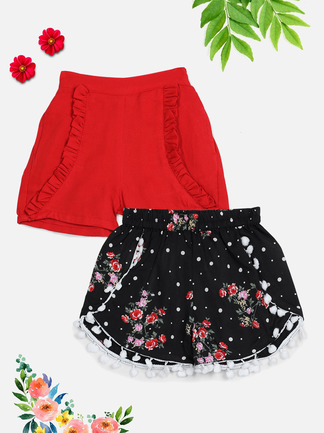 

Cutiekins Girls Red & Black Set Of 2 Floral Printed Shorts