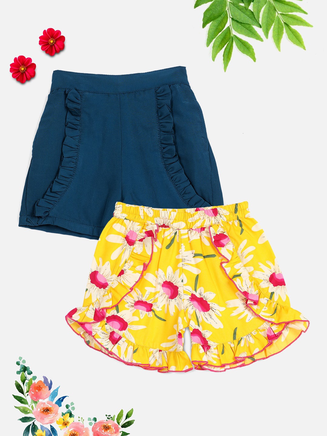 Cutiekins Girls Teal & Yellow set Of 2 Floral Printed Shorts