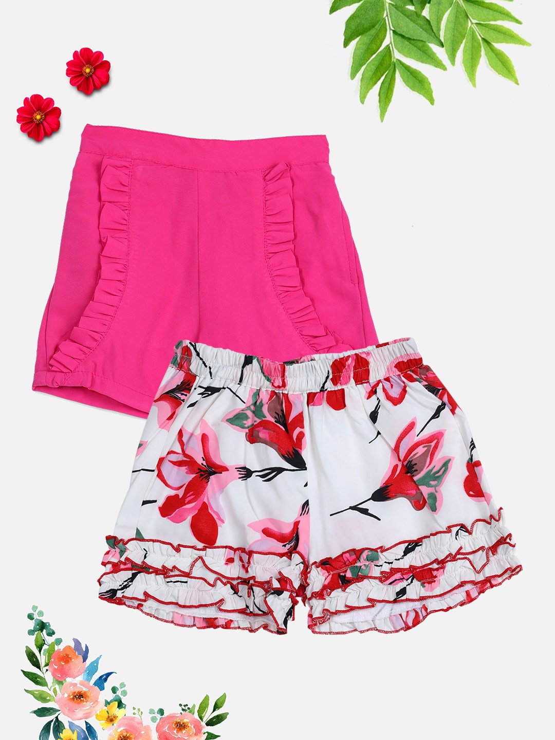 

Cutiekins Girls Pink & White Set Of 2 Floral Printed Shorts
