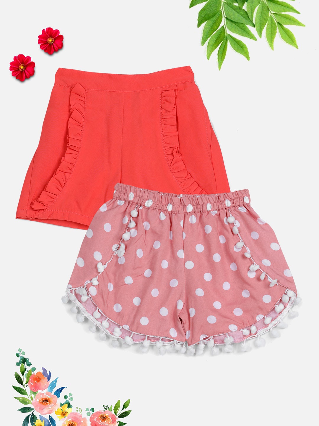 

Cutiekins Girls Peach-Coloured Set Of 2 Floral Printed Shorts