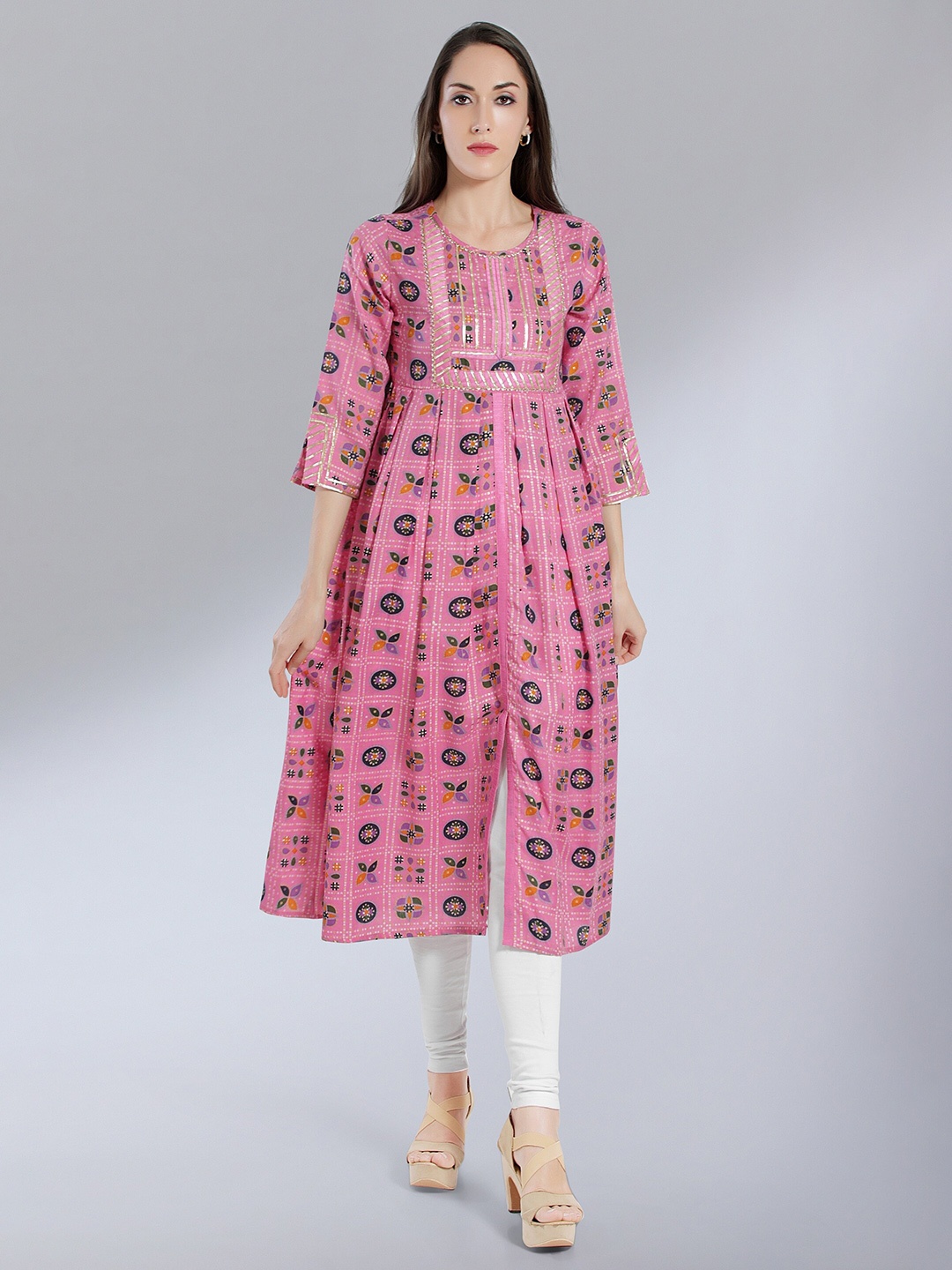 

MADHURAM Women Pink Bandhani Printed Anarkali Kurti