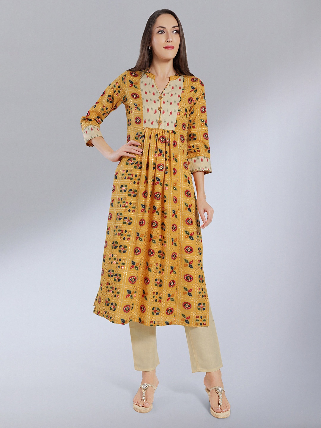 

MADHURAM Women Mustard Yellow Geometric Printed V-Neck Anarkali Kurti