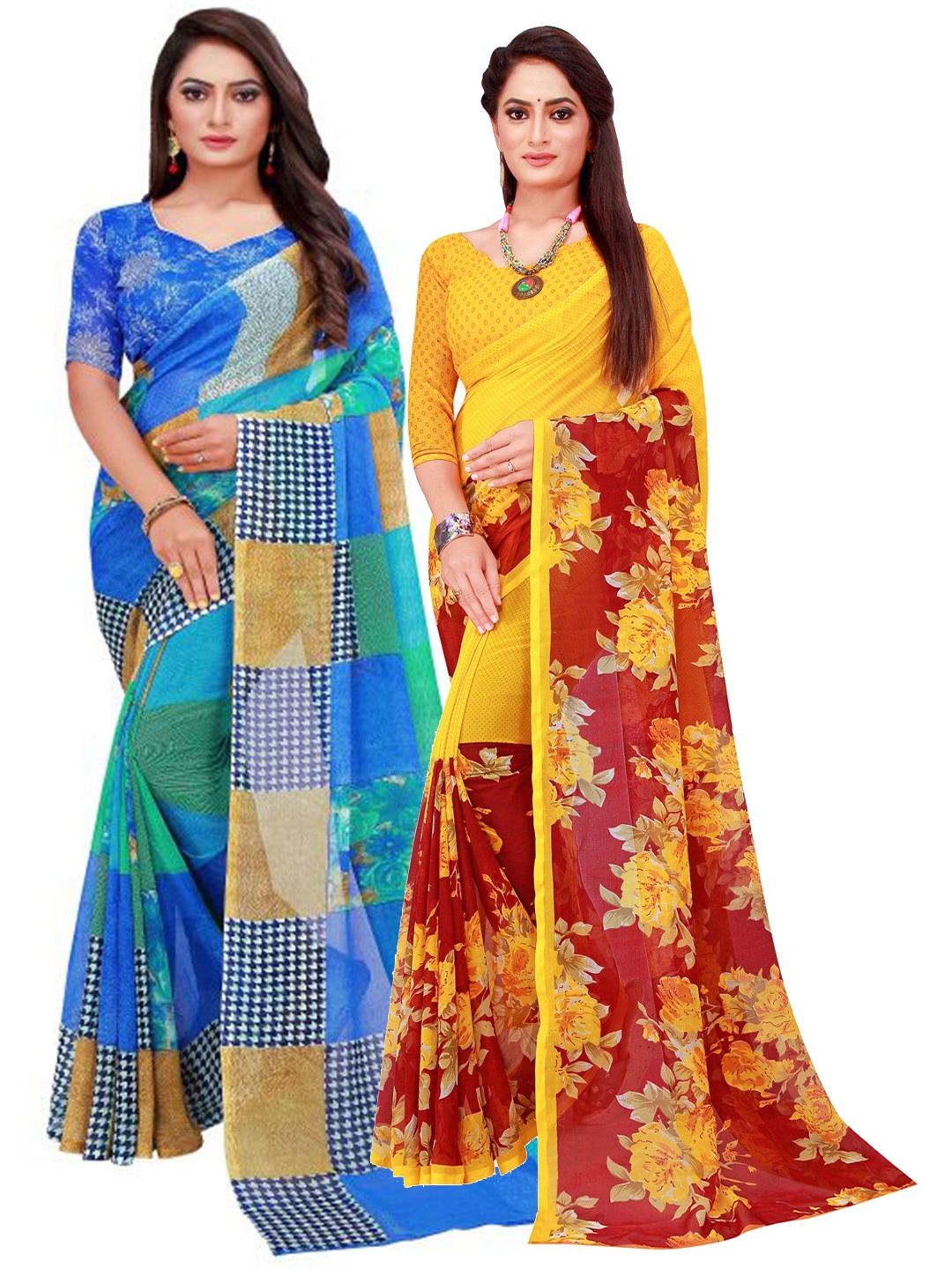 

KALINI Pack of 2 Blue & Yellow Floral Pure Georgette Saree