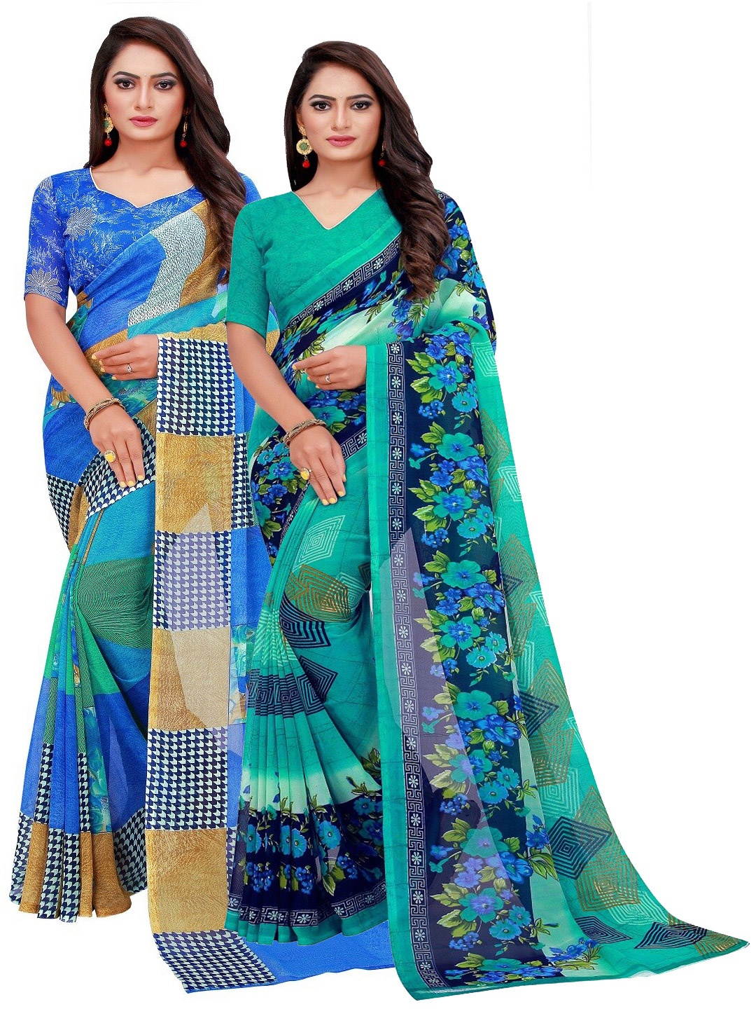 

KALINI Pack of 2 Blue & White Pure Georgette Saree