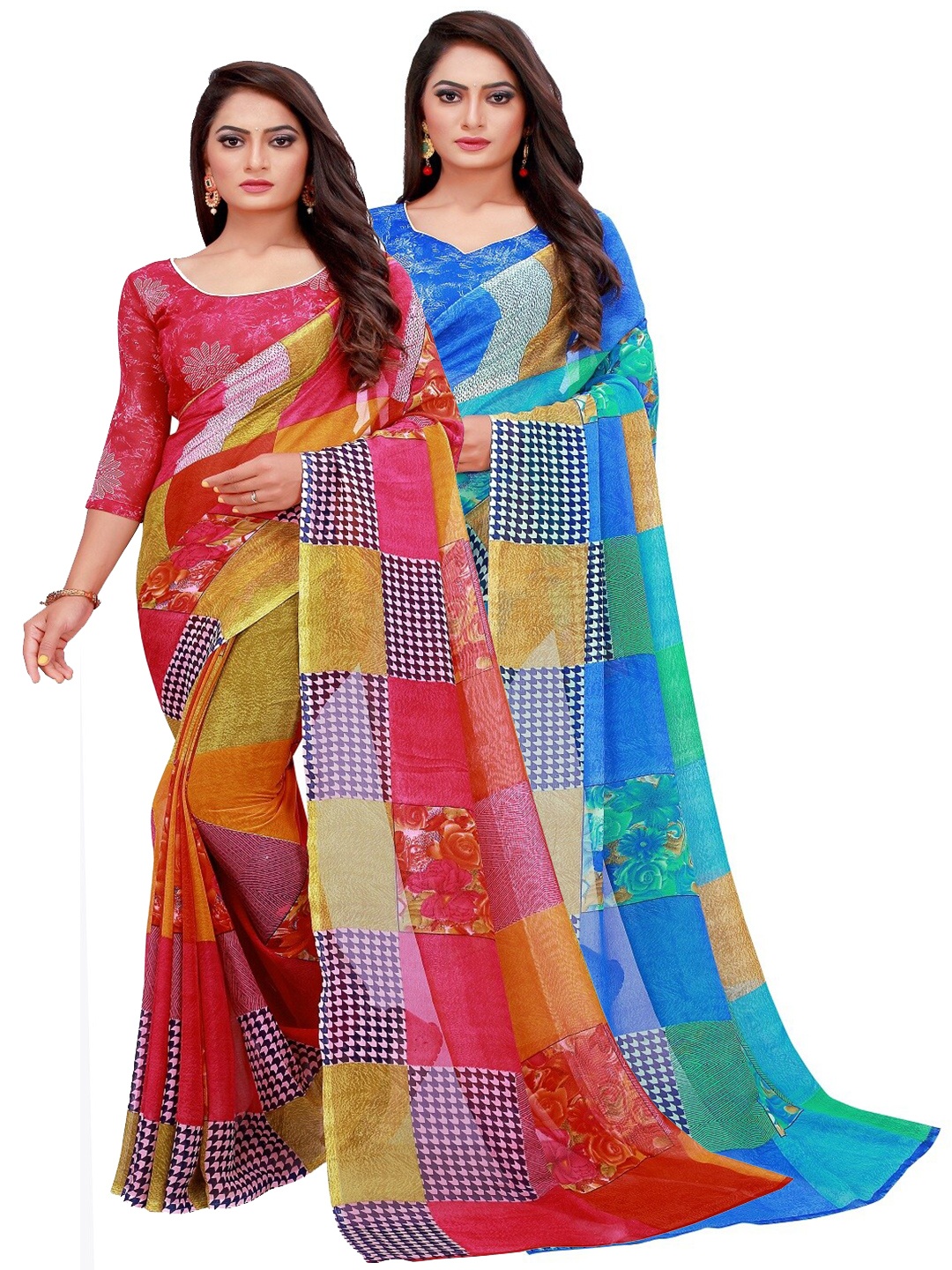 

KALINI Pack Of 2 Red & Blue Pure Georgette Sarees