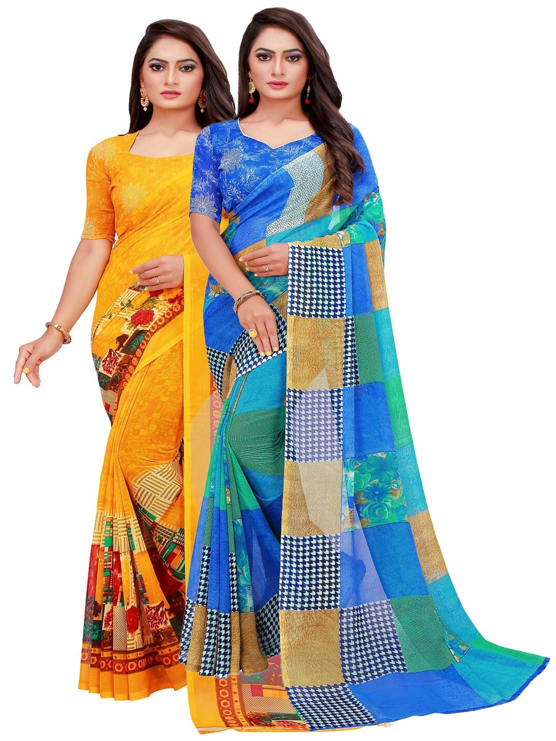 

KALINI Pack of 2 Pure Georgette Sarees, Blue