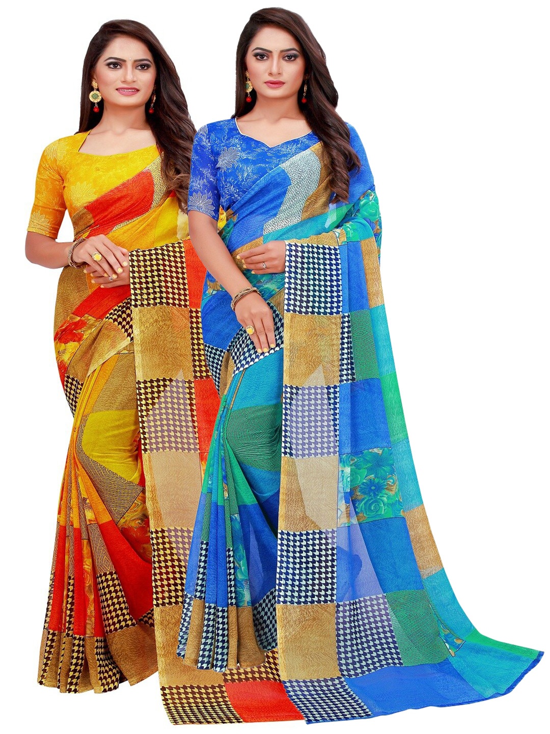 

KALINI Pack Of 2 Blue & Red Pure Georgette Saree