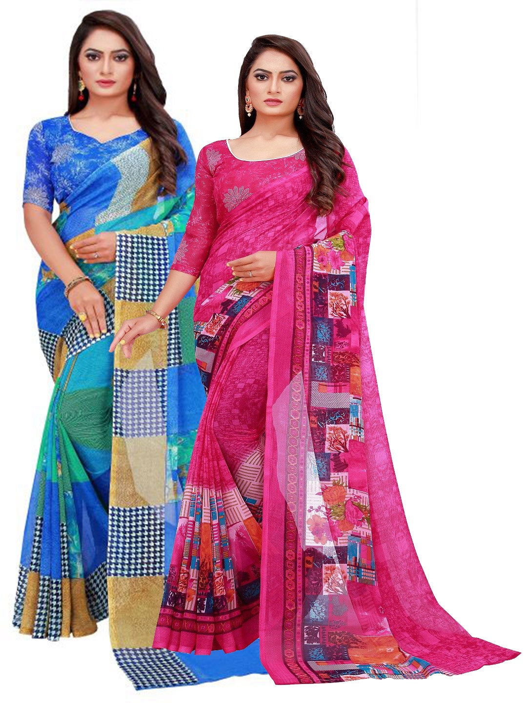 

KALINI Pack of 2 Blue & Magenta Pure Georgette Saree