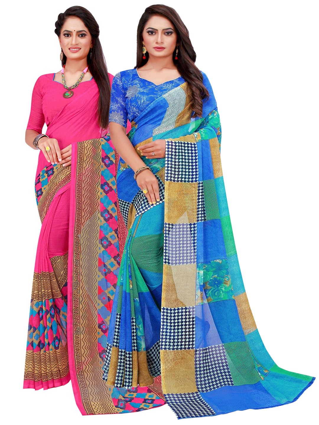

KALINI Pack of 2 Magenta & Blue Pure Georgette Saree