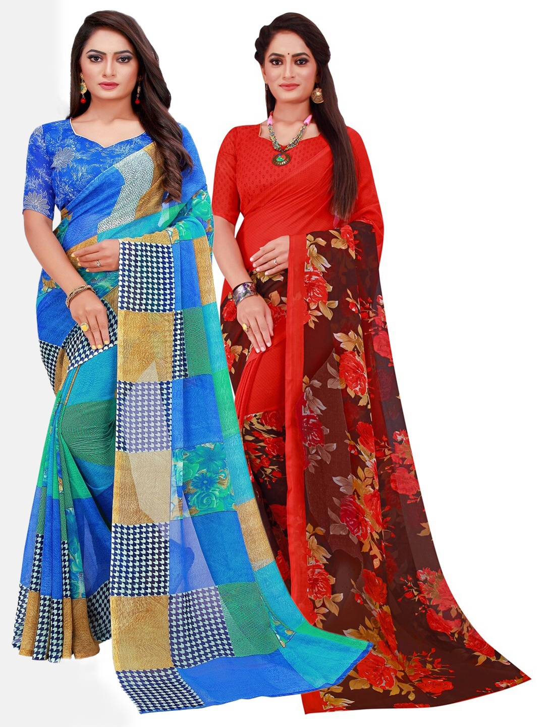 

KALINI Pack of 2 Pure Georgette Sarees, Blue