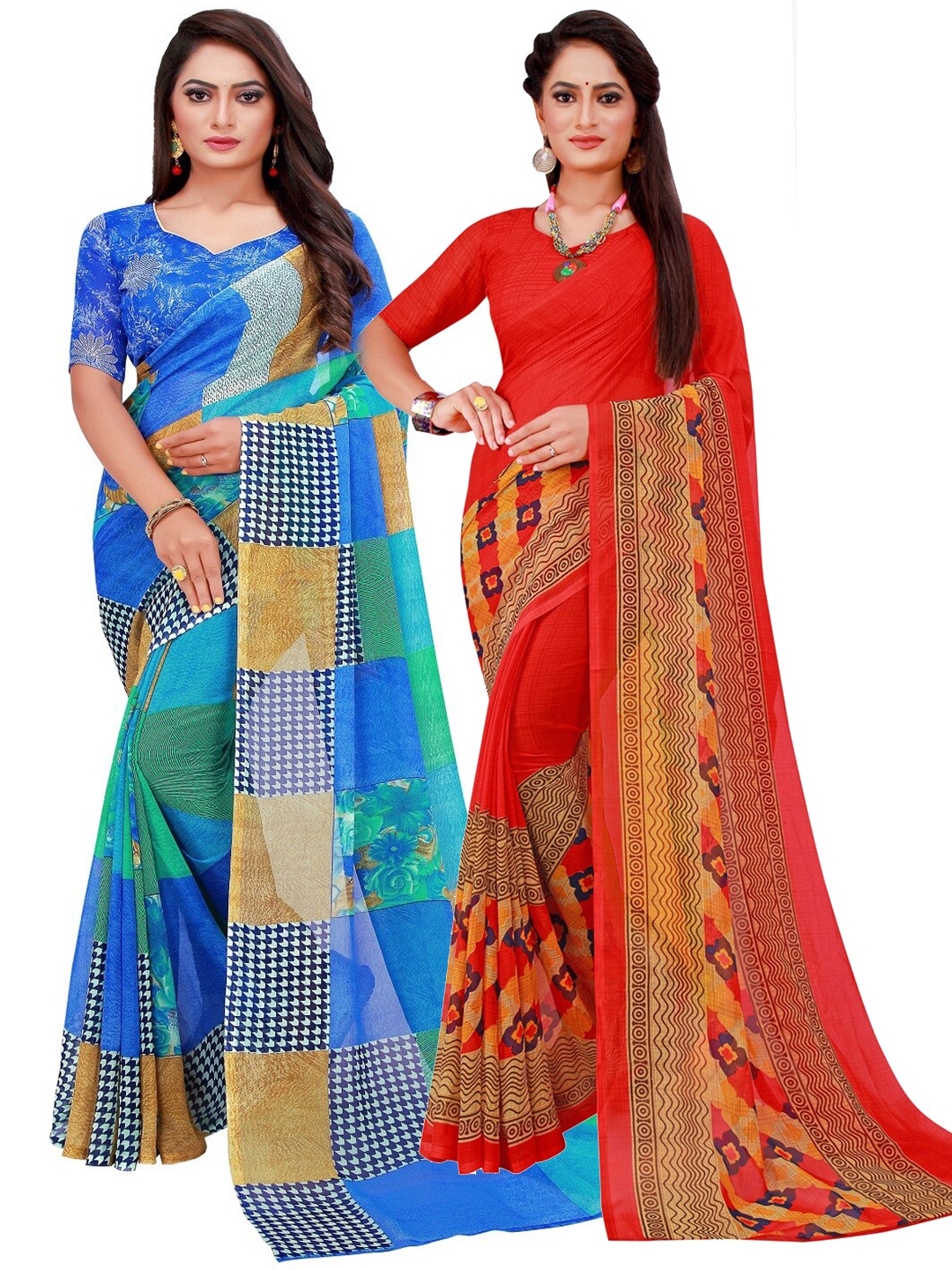 

KALINI Pack Of 2 Red & Blue Pure Georgette Sarees