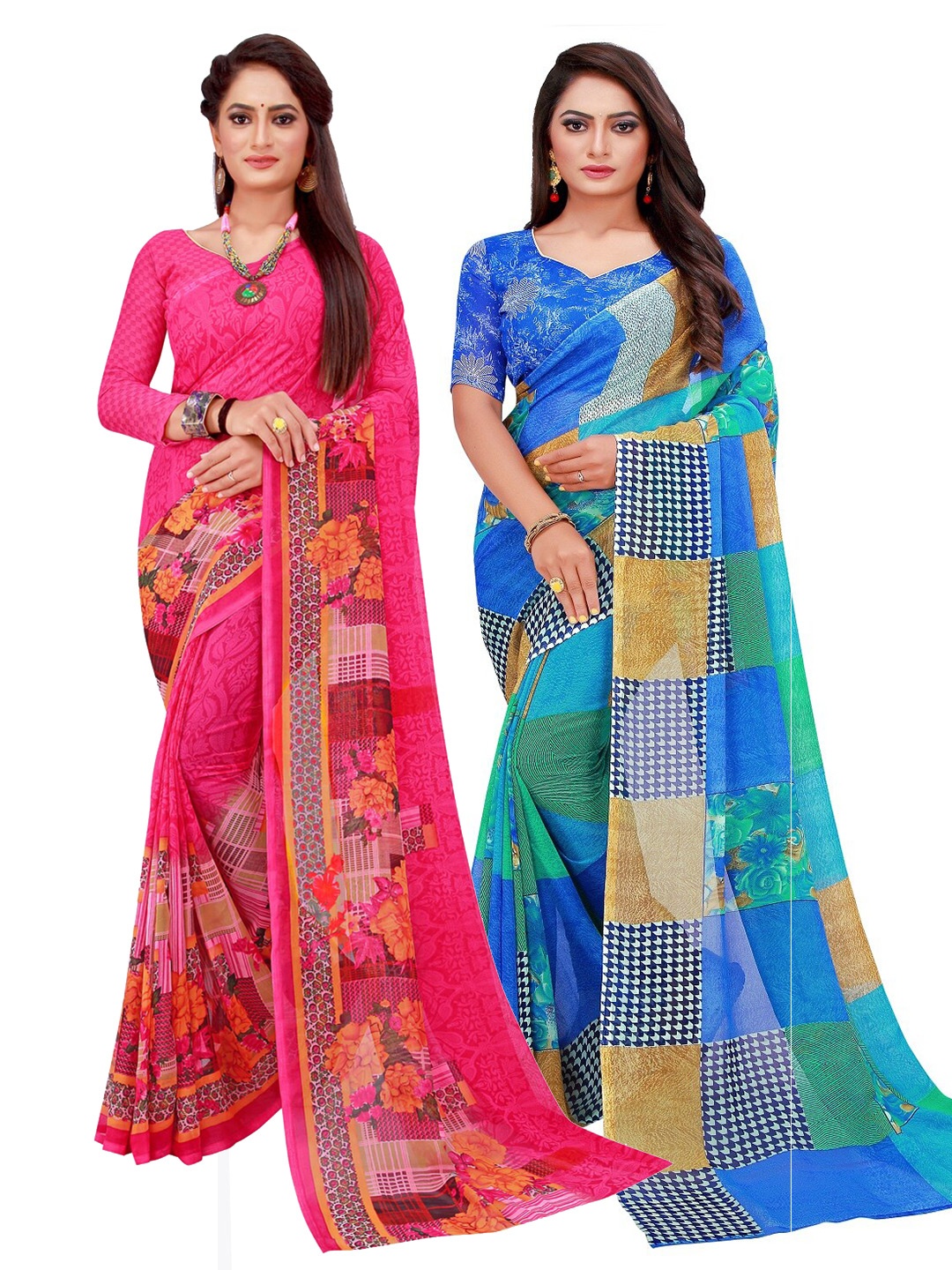

KALINI Pack Of 2 Pink & Blue Pure Georgette Saree