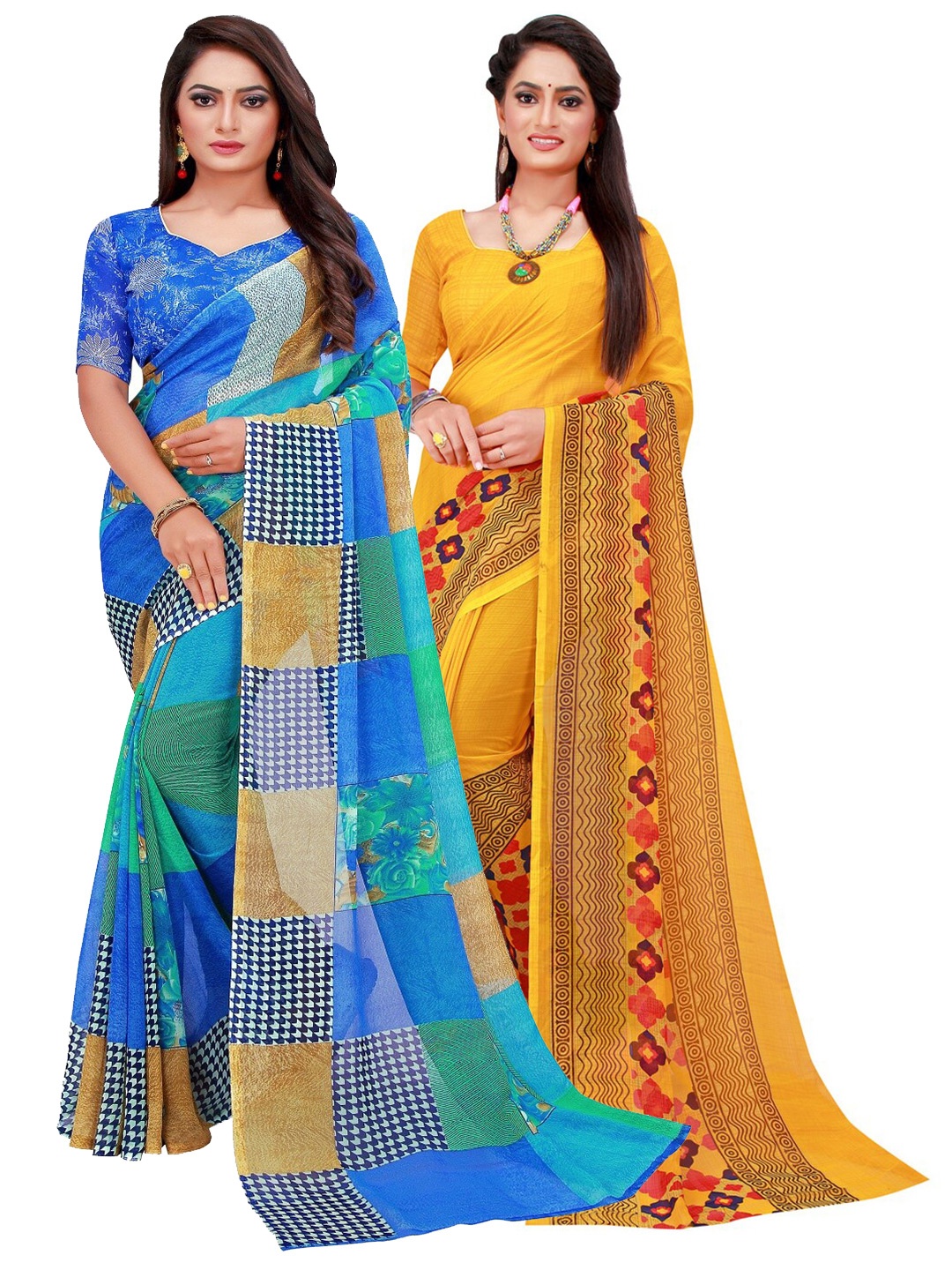 

KALINI Pack of 2 Blue & Yellow Pure Georgette Saree